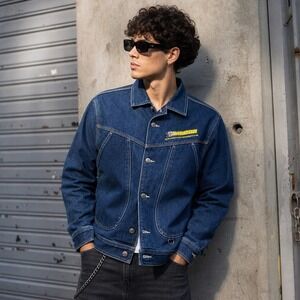 Mecca Men's Denim Jacket M 10/12 Blue Utility Embroidered Logo Long Sleeve